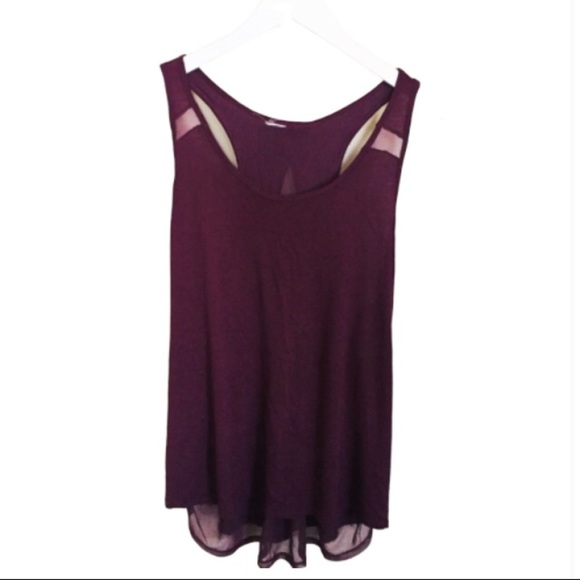 Swing Scoop Neck Trim Tank Top With Racer Back & Mesh Detailing Burgundy Size 1X - Picture 4 of 7